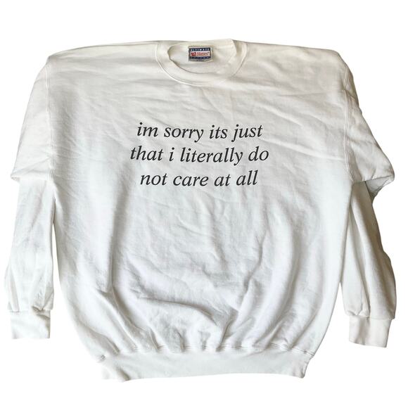 Hanes Women Sweatshirt size L White Fleece Lined I Literally Do Not Care At All - Picture 1 of 11